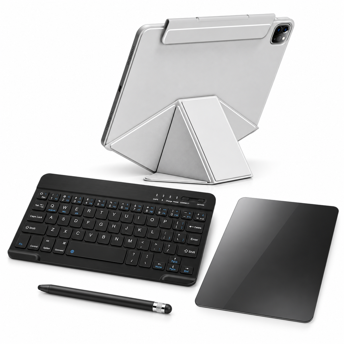 FormaLift Elevate Complete — iPad Case + Keyboard, Stylus, Privacy Glass Bundle, Grey; all included bundle items on white. iPad shown for fit, not included.