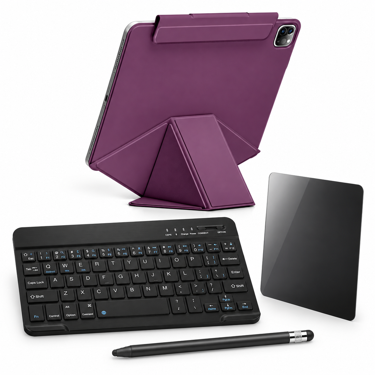 FormaLift Elevate Complete — iPad Case + Keyboard, Stylus, Privacy Glass Bundle, Plum Color; all included bundle items on white. iPad shown for fit, not included.