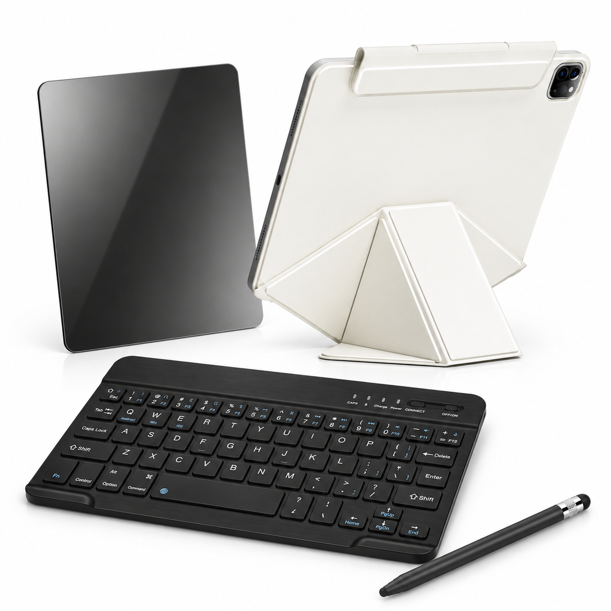 FormaLift Elevate Complete — iPad Case + Keyboard, Stylus, Privacy Glass Bundle, Cream White; all included bundle items on white. iPad shown for fit, not included.