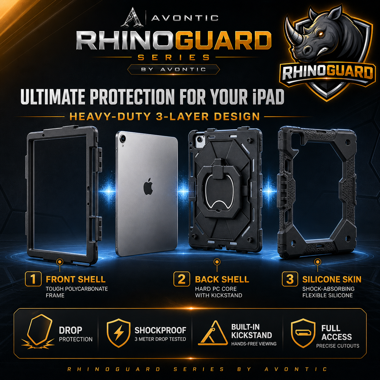RhinoGuard ArmorPro Rugged iPad Case with Kickstand & Hand Strap