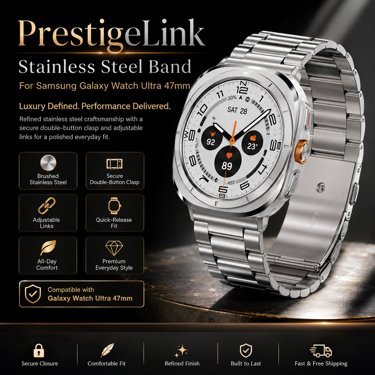 PrestigeLink Stainless Steel Band for Galaxy Watch Ultra & Ultra 2 (2026)
