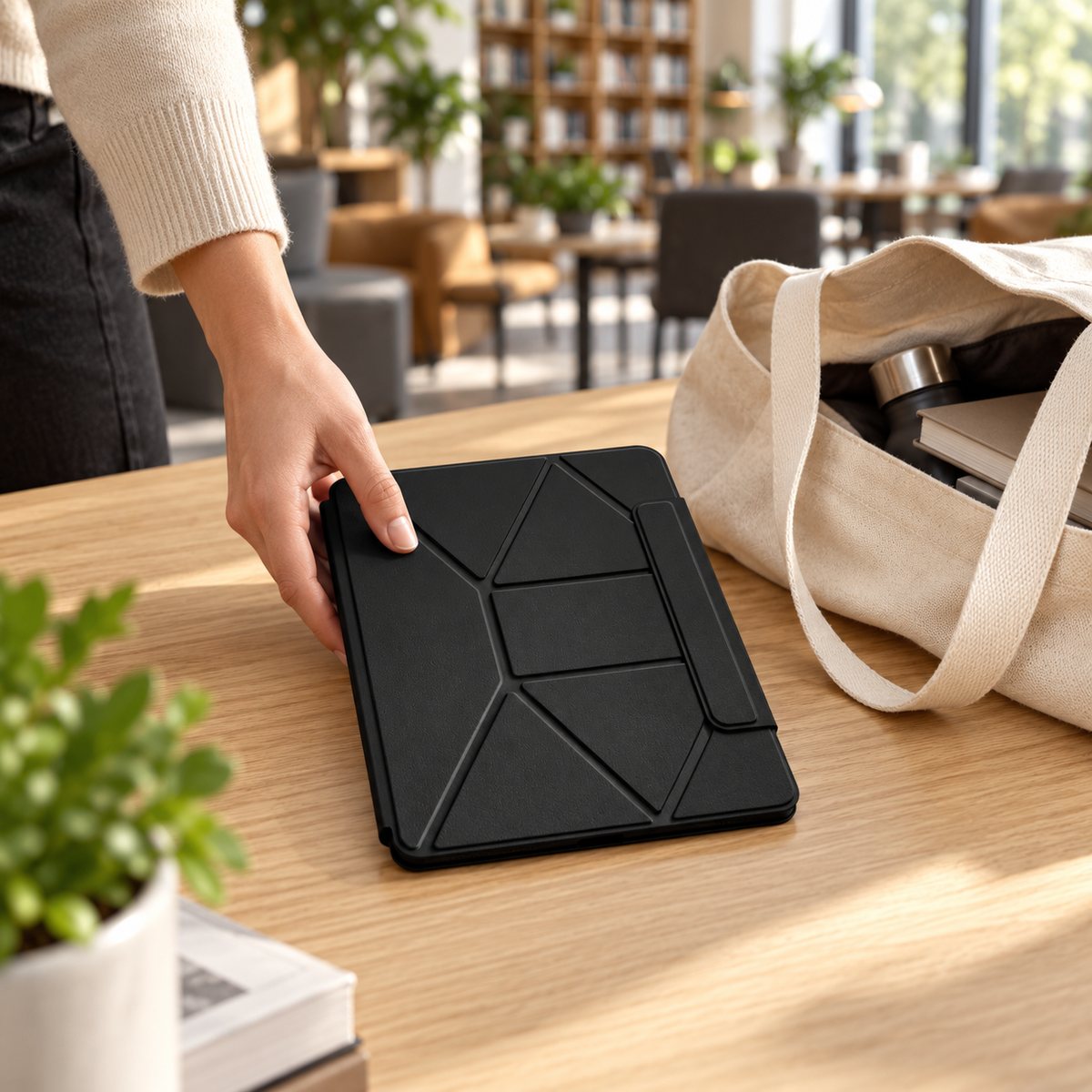 FormaLift Elevate Black closed folio beside a travel tote