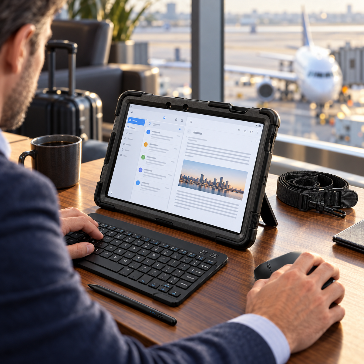 RhinoGuard Galaxy WorkForce Elite 360° with separate keyboard, mouse and stylus used in an airport lounge