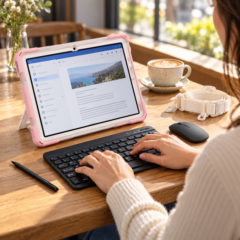 RhinoGuard Galaxy WorkForce Elite 360° in Blush Pink and Pearl White with wireless keyboard, mouse and stylus at a café