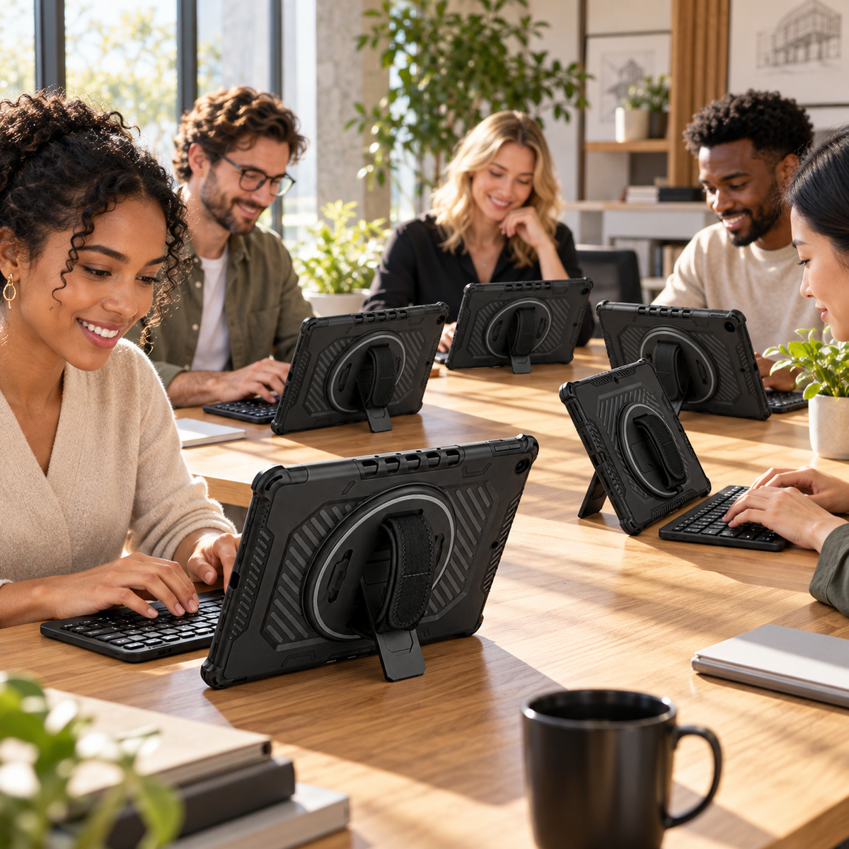 Five colleagues using black Galaxy PivotGrip cases with separate keyboards in a sunlit studio. Optional keyboards; tablets not included.