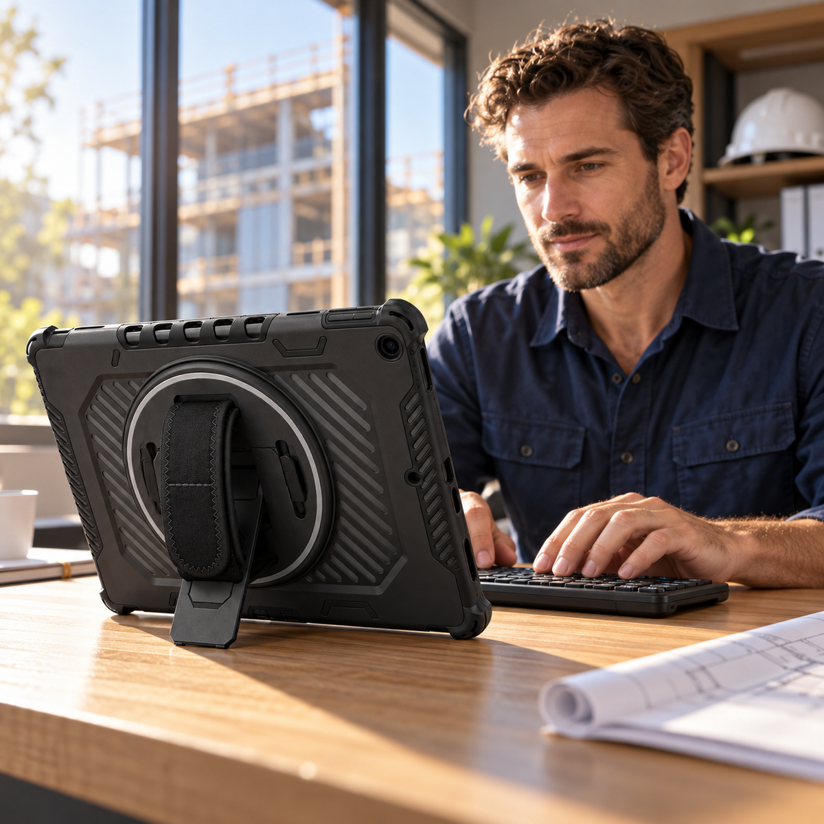 Architect typing on a separate black keyboard with a Galaxy PivotGrip case supported by its integrated kickstand. Keyboard optional; tablet not included.