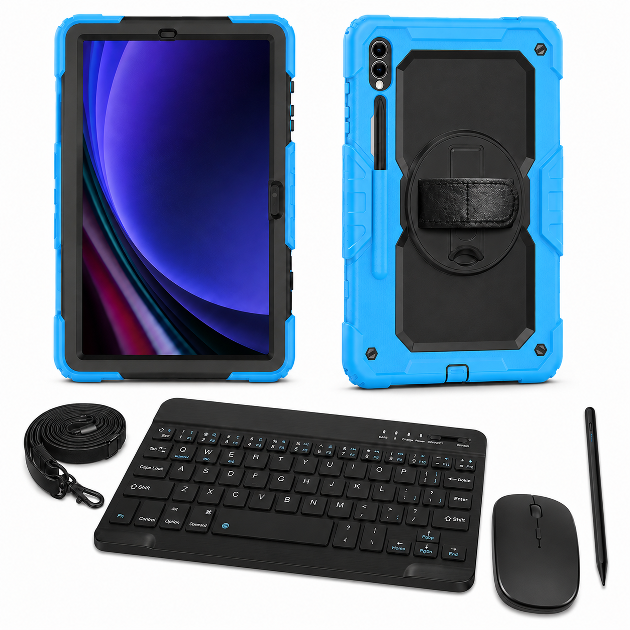 RhinoGuard Galaxy WorkForce Elite 360° 3-Layer — Galaxy Tab Case + 10″ Wireless Keyboard, Mouse & Universal Stylus Bundle