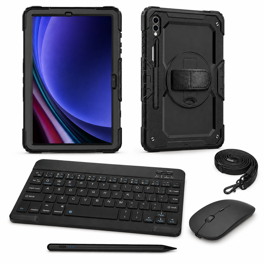 RhinoGuard Galaxy WorkForce Elite 360° 3-Layer — Galaxy Tab Case + 10″ Wireless Keyboard, Mouse & Universal Stylus Bundle