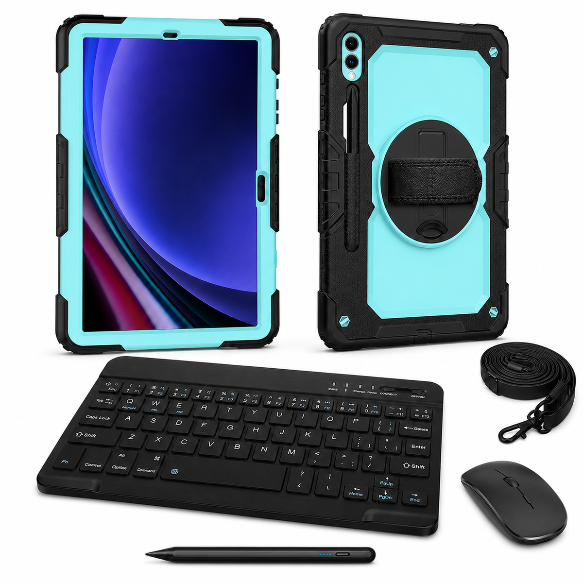RhinoGuard Galaxy WorkForce Elite 360-degree 3-layer Sky Blue / Black case bundle with keyboard, mouse and universal stylus