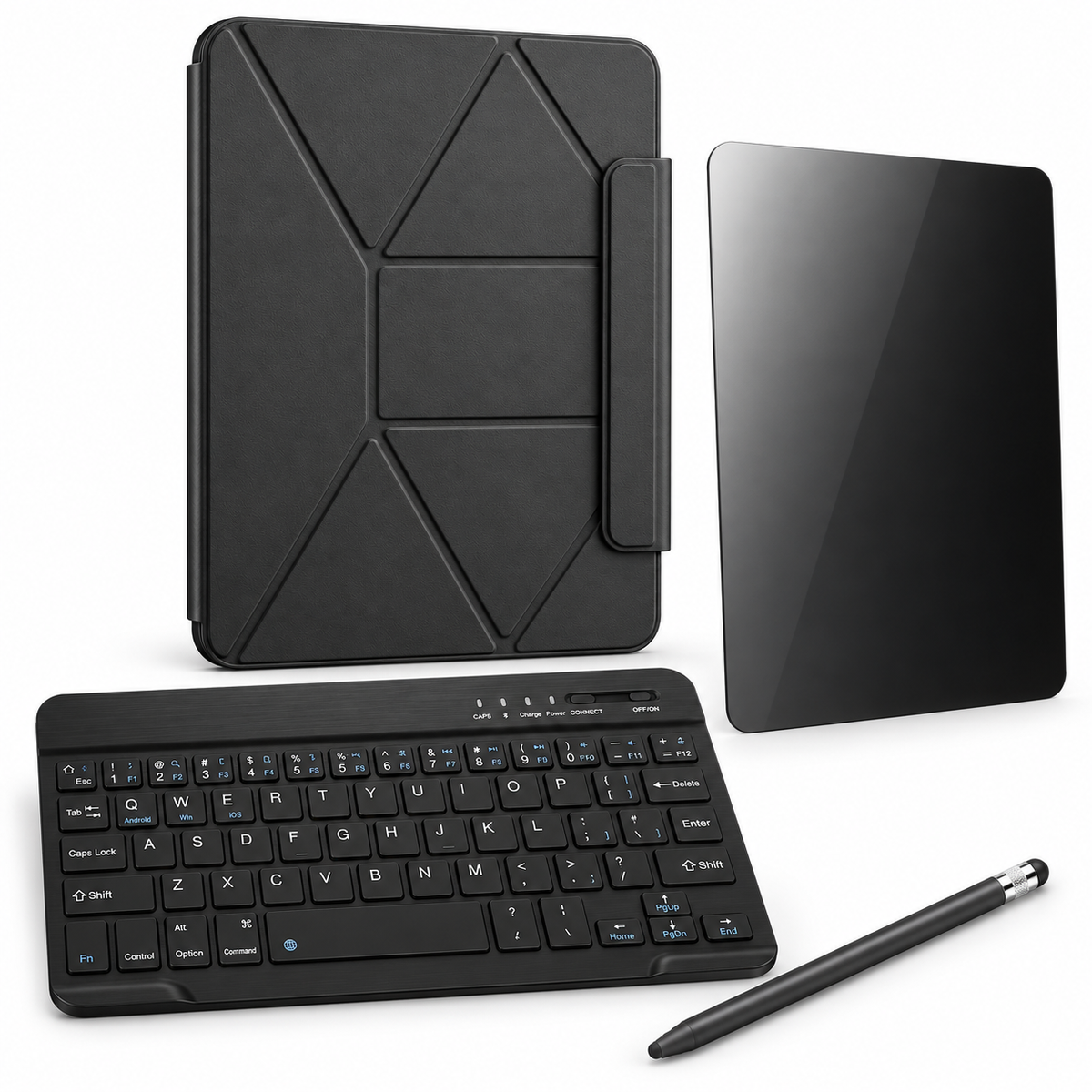 FormaLift Orbit Complete — iPad Case + Keyboard, Stylus, Privacy Glass Bundle, Black; all included bundle items on white. Representative iPad fit; tablet not included.