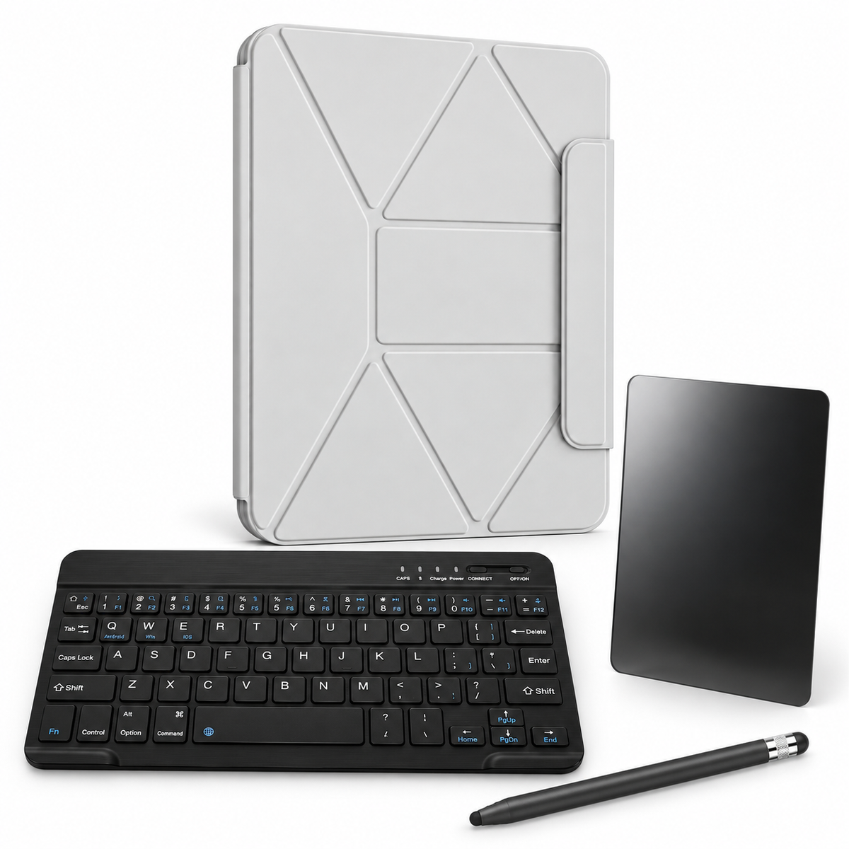 FormaLift Orbit Complete — iPad Case + Keyboard, Stylus, Privacy Glass Bundle, Grey; all included bundle items on white. Representative iPad fit; tablet not included.