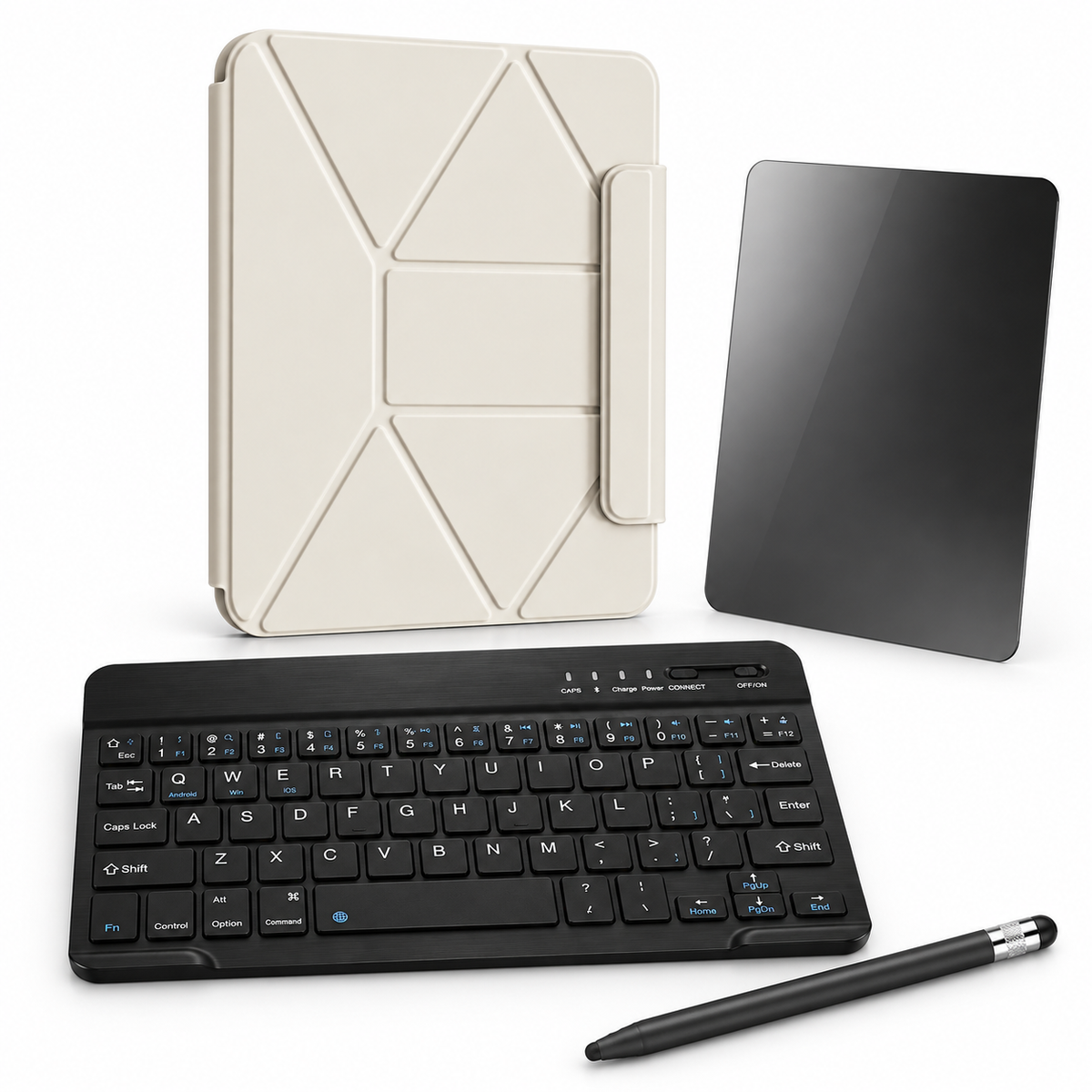 FormaLift Orbit Complete — iPad Case + Keyboard, Stylus, Privacy Glass Bundle, Cream White; all included bundle items on white. Representative iPad fit; tablet not included.