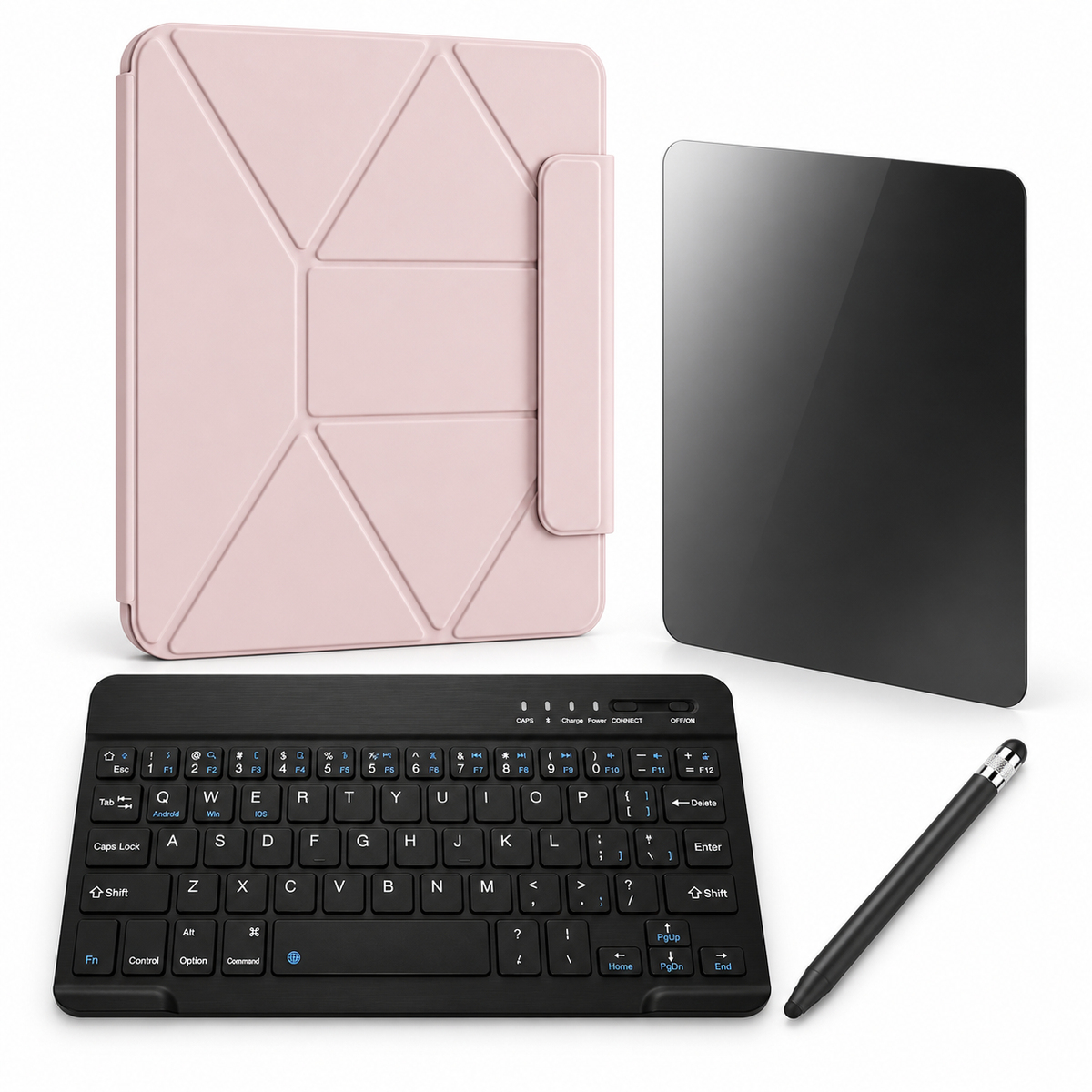 FormaLift Orbit Complete — iPad Case + Keyboard, Stylus, Privacy Glass Bundle, Pink; all included bundle items on white. Representative iPad fit; tablet not included.