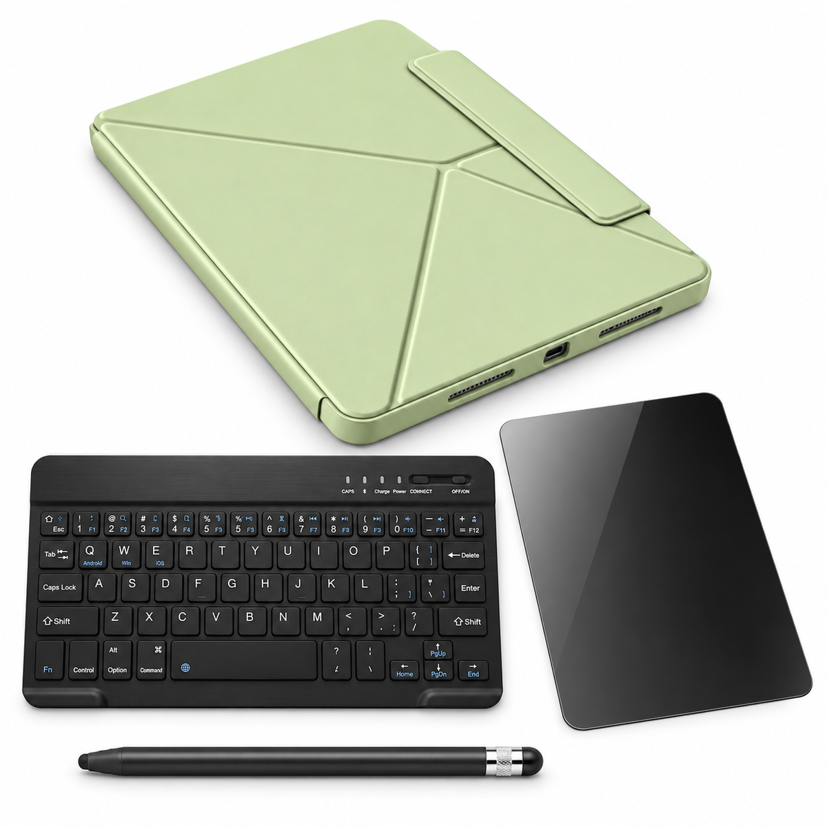 FormaLift Pivot Complete — iPad Case + Keyboard, Stylus, Privacy Glass Bundle, Green; all included bundle items on white. Representative iPad fit; tablet not included.