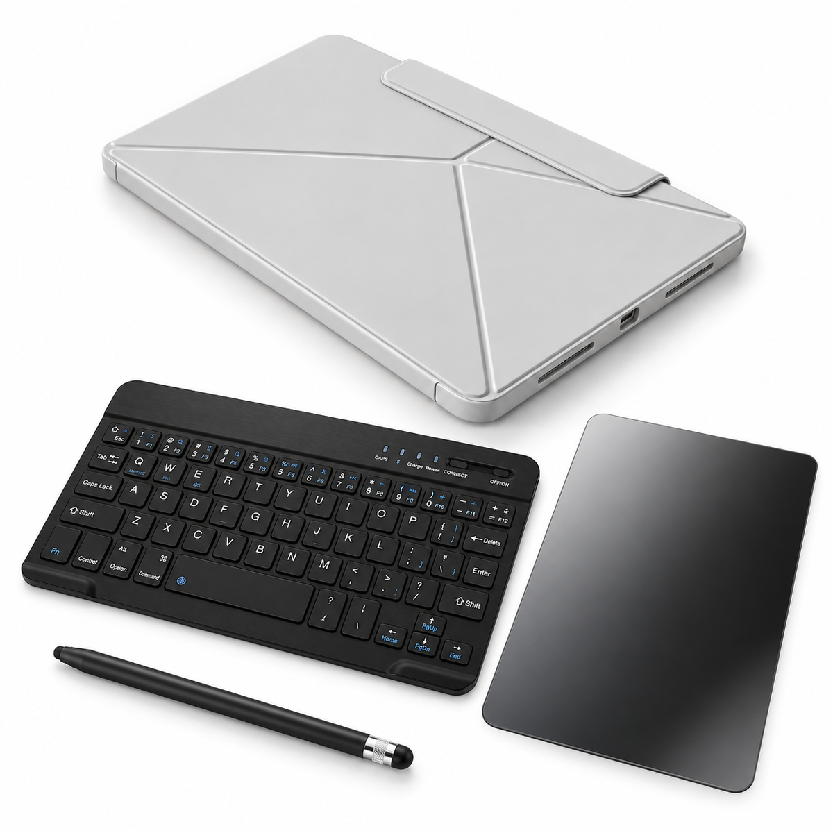 FormaLift Pivot Complete — iPad Case + Keyboard, Stylus, Privacy Glass Bundle, Grey; all included bundle items on white. Representative iPad fit; tablet not included.
