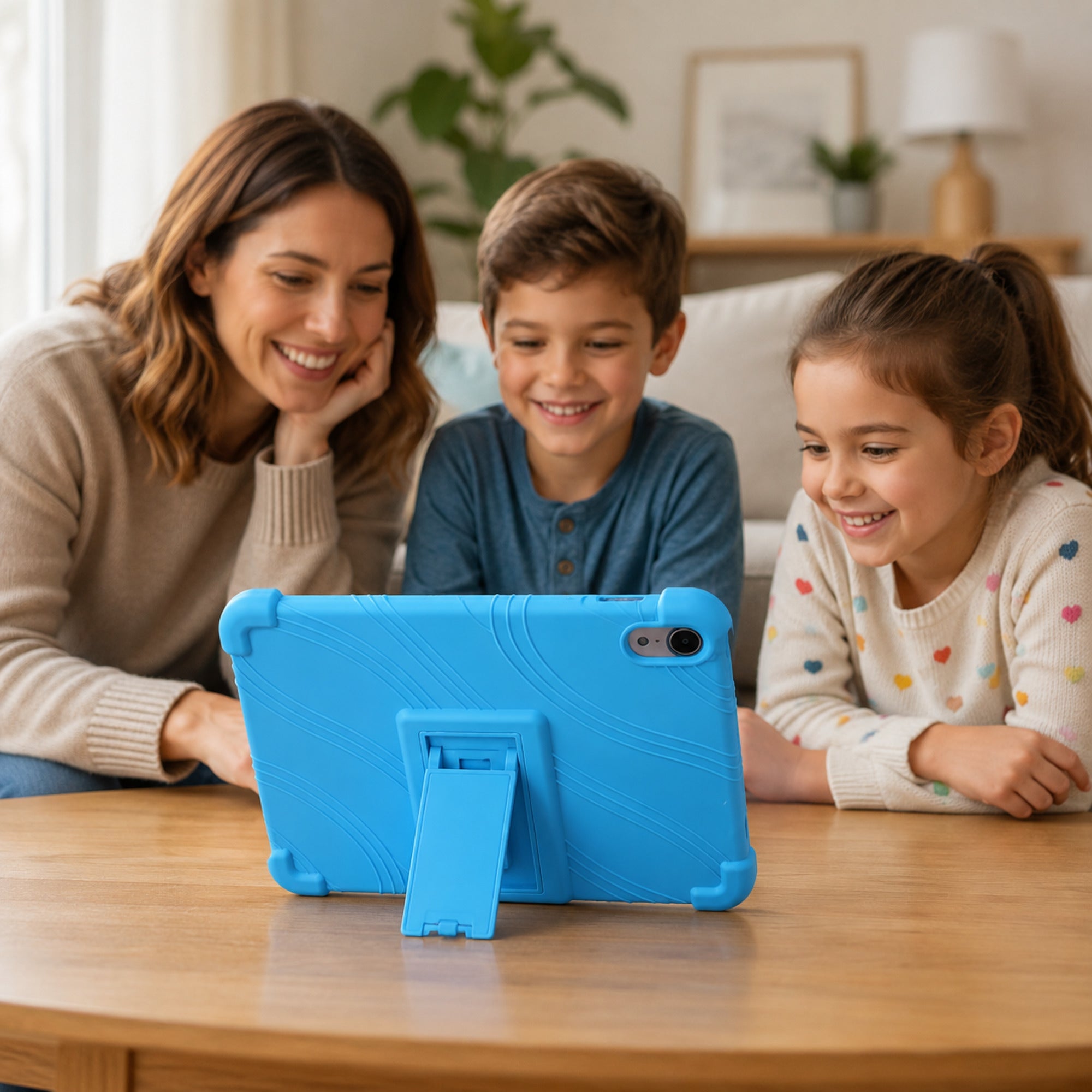 Family sharing an iPad protected by the Sky Blue PopPad SoftShield case