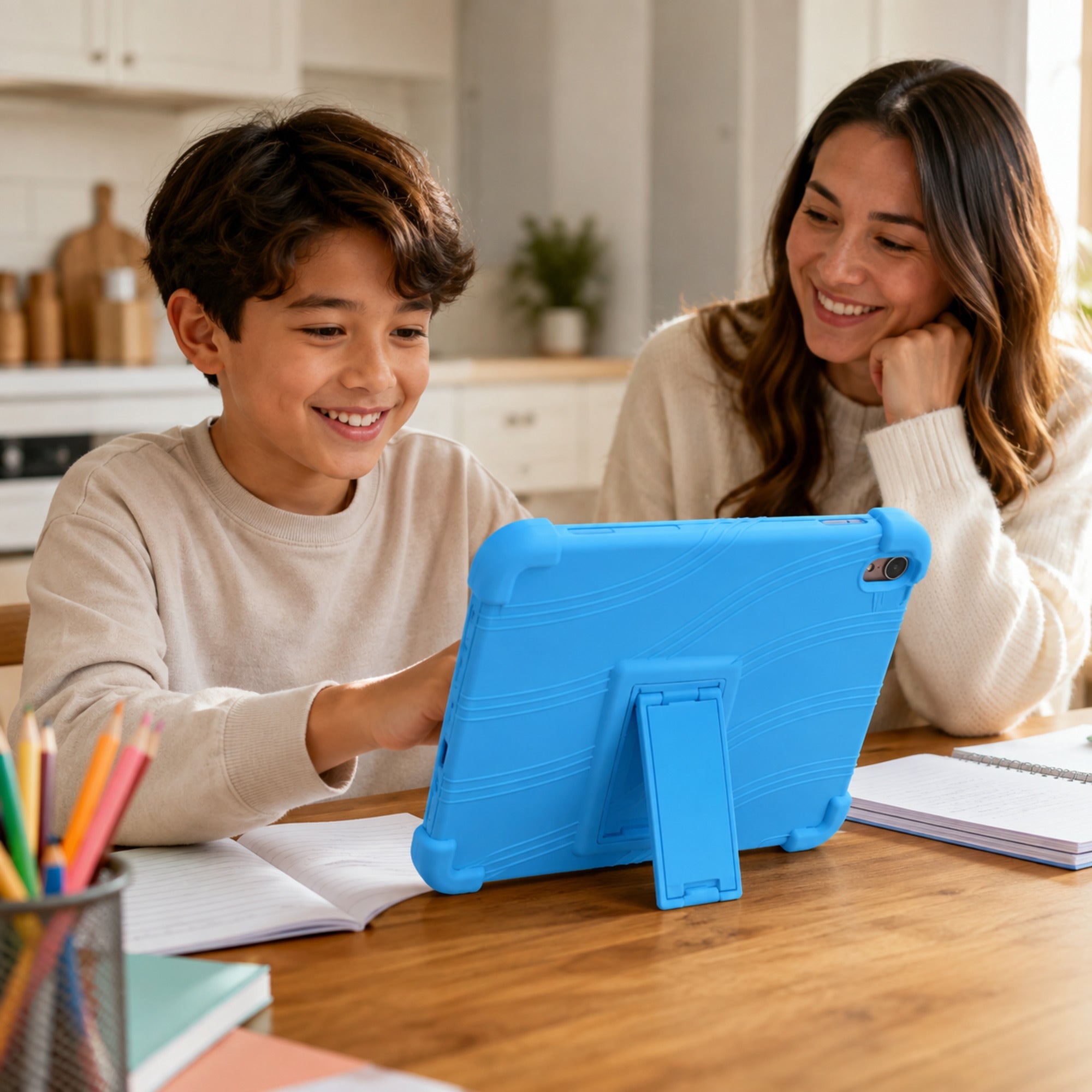 Child using a Sky Blue PopPad SoftShield iPad case with a parent during homework