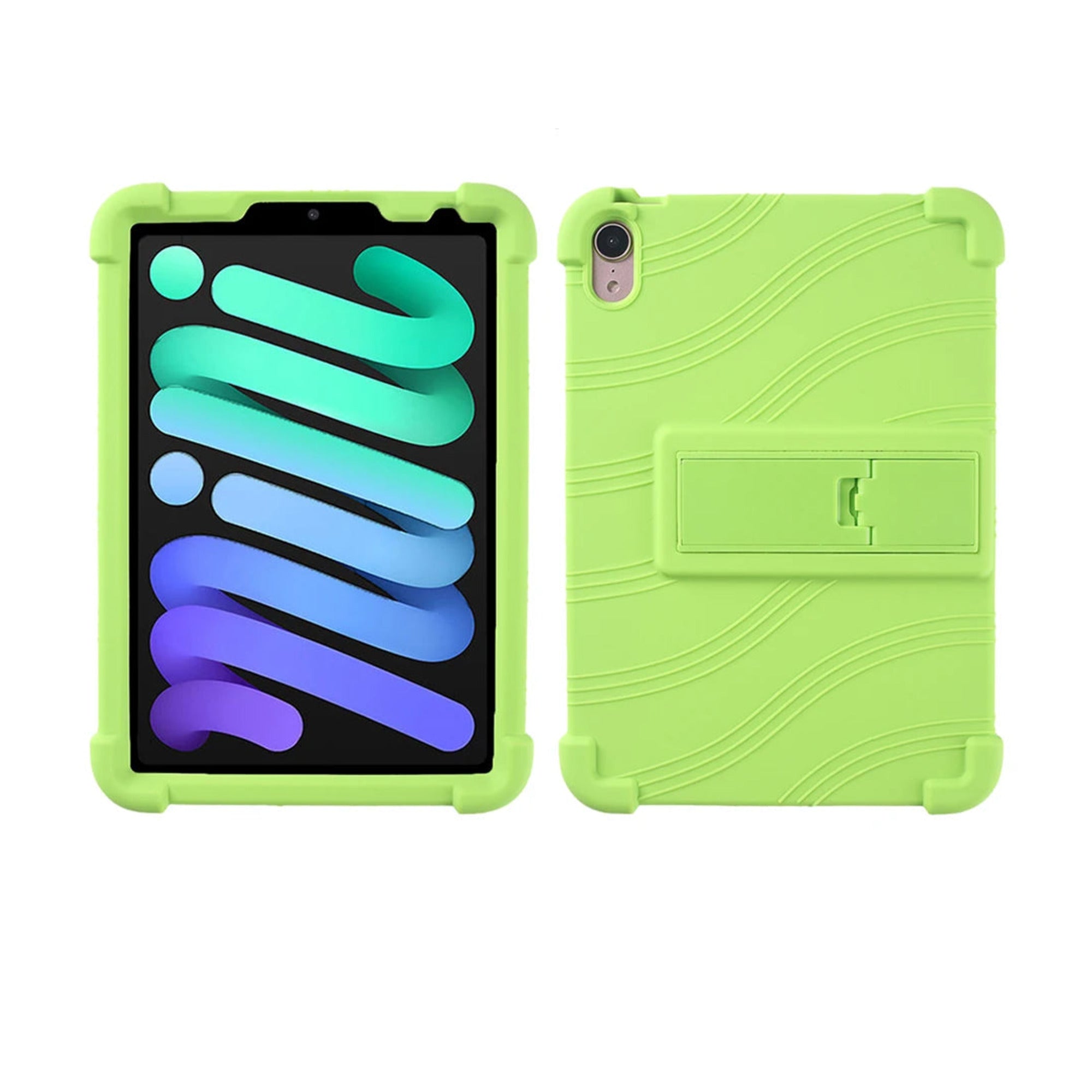 PopPad SoftShield kids iPad case in Lime Green, front and back views with fold-out kickstand