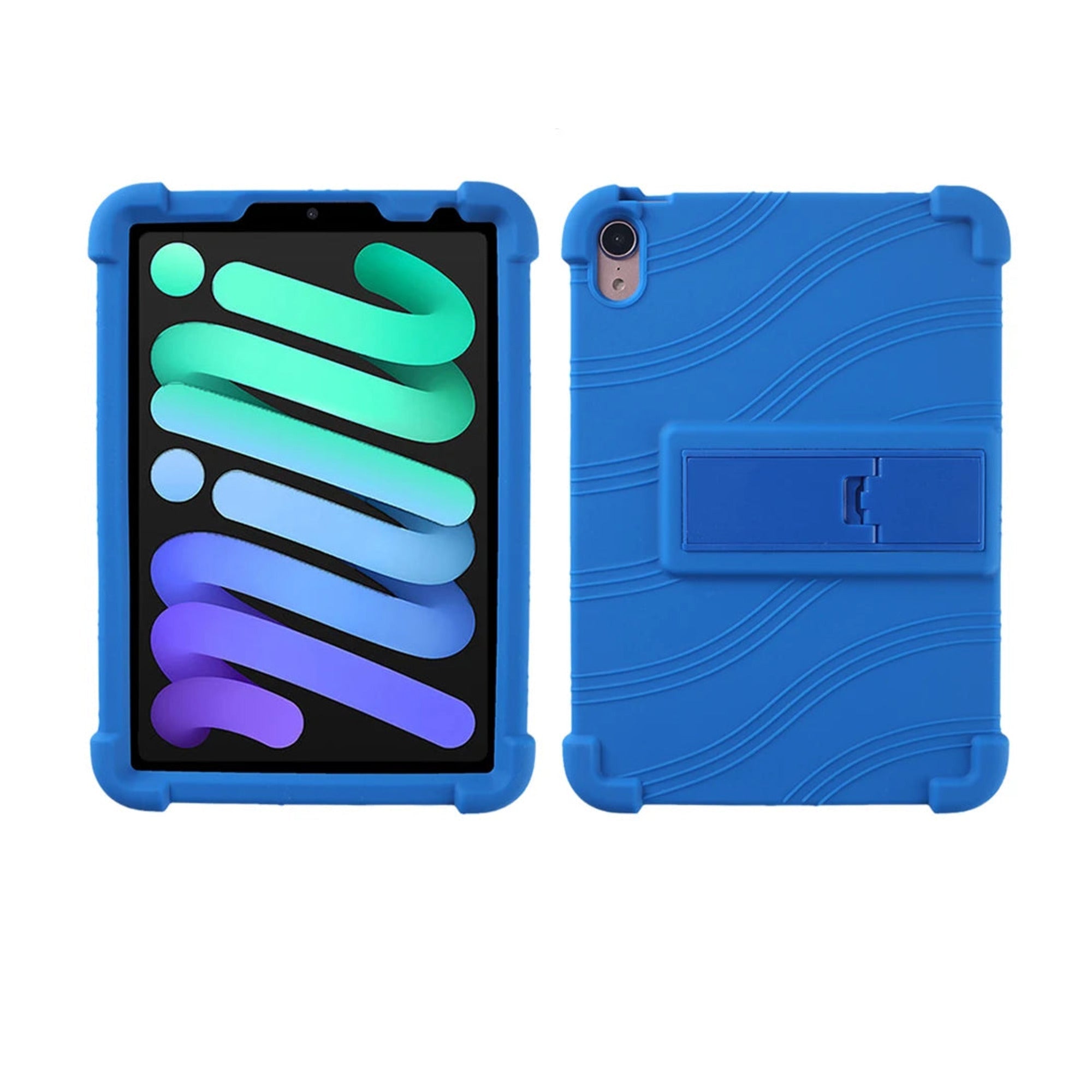 PopPad SoftShield kids iPad case in Navy Blue, front and back views with fold-out kickstand