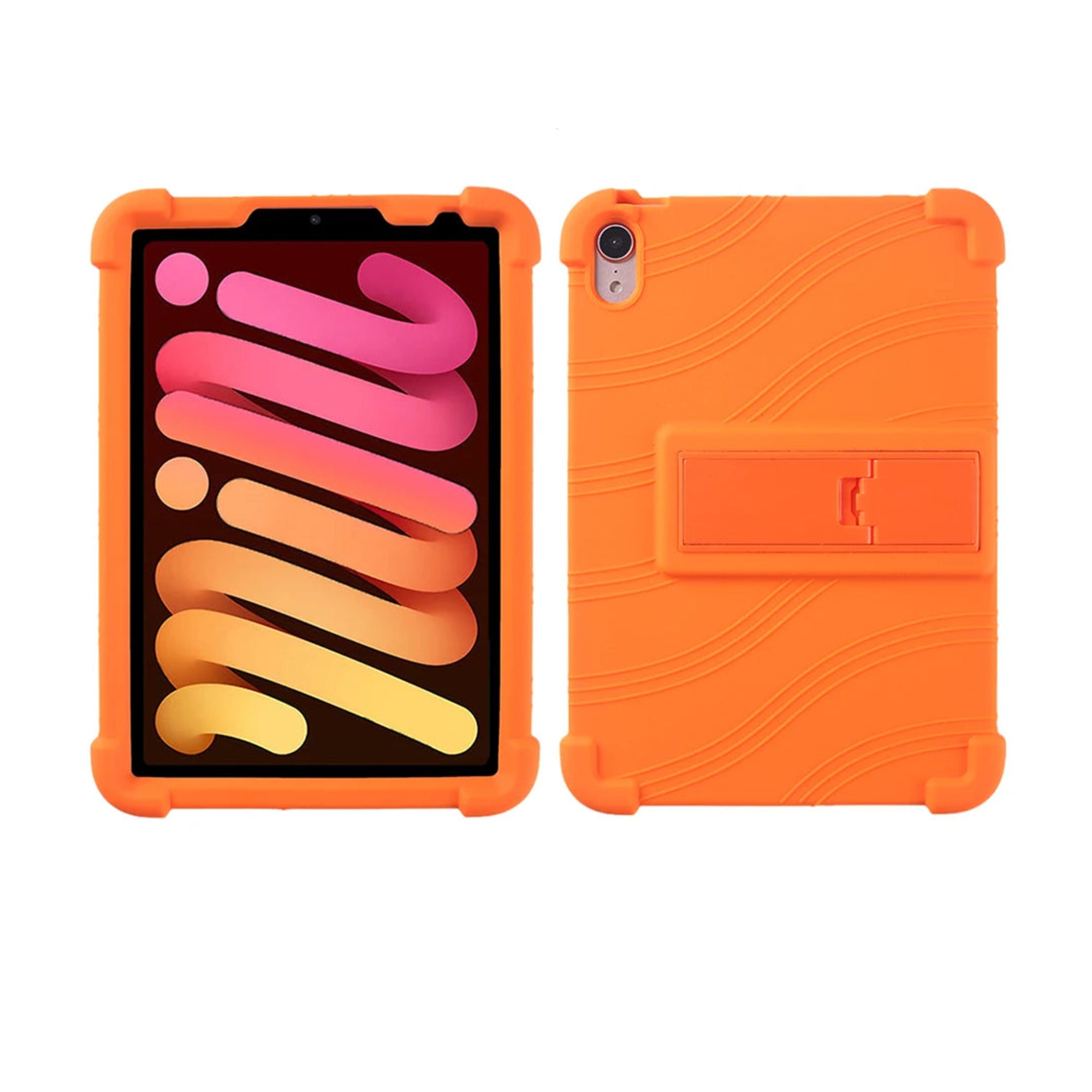 PopPad SoftShield kids iPad case in Orange, front and back views with fold-out kickstand