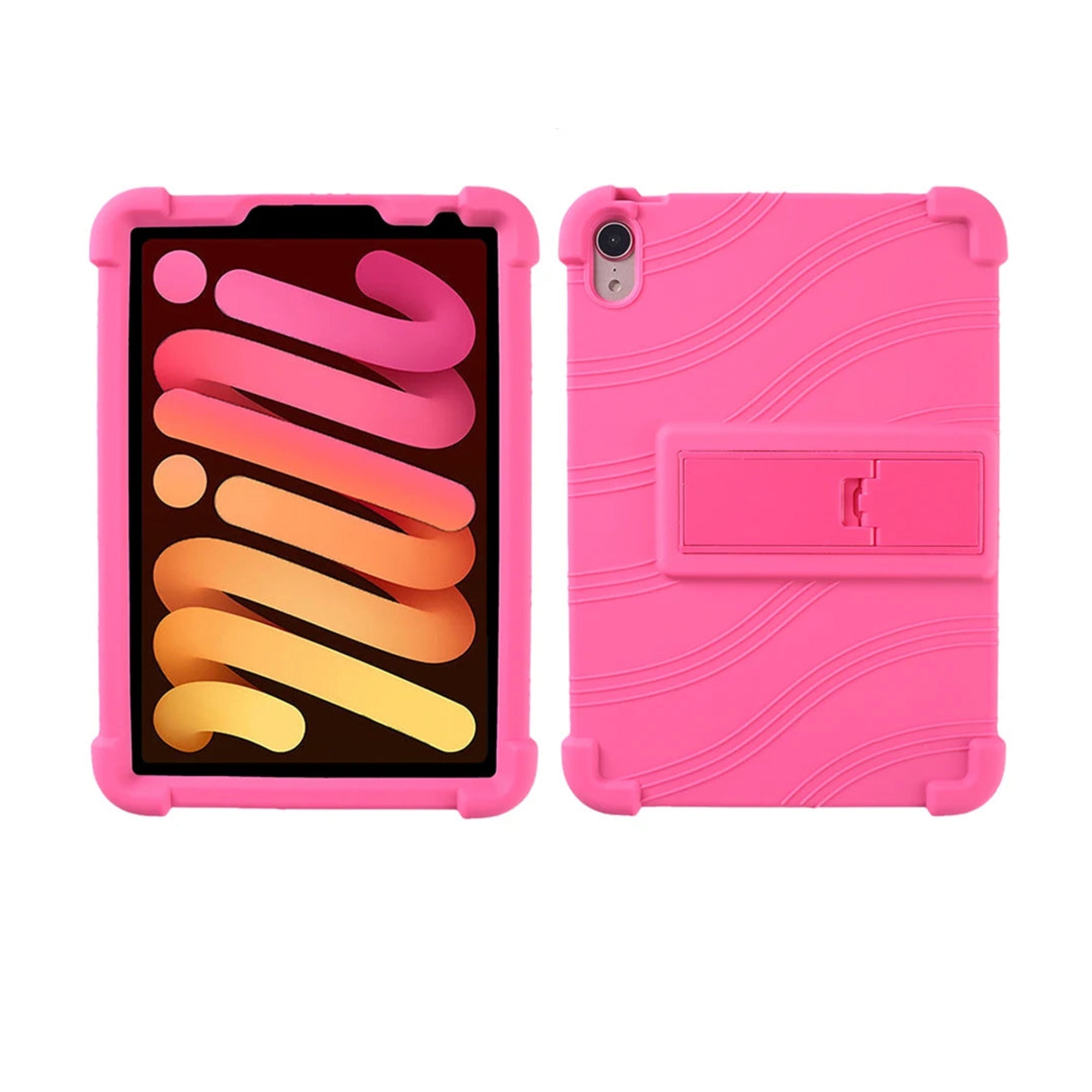 PopPad SoftShield kids iPad case in Pink, front and back views with fold-out kickstand