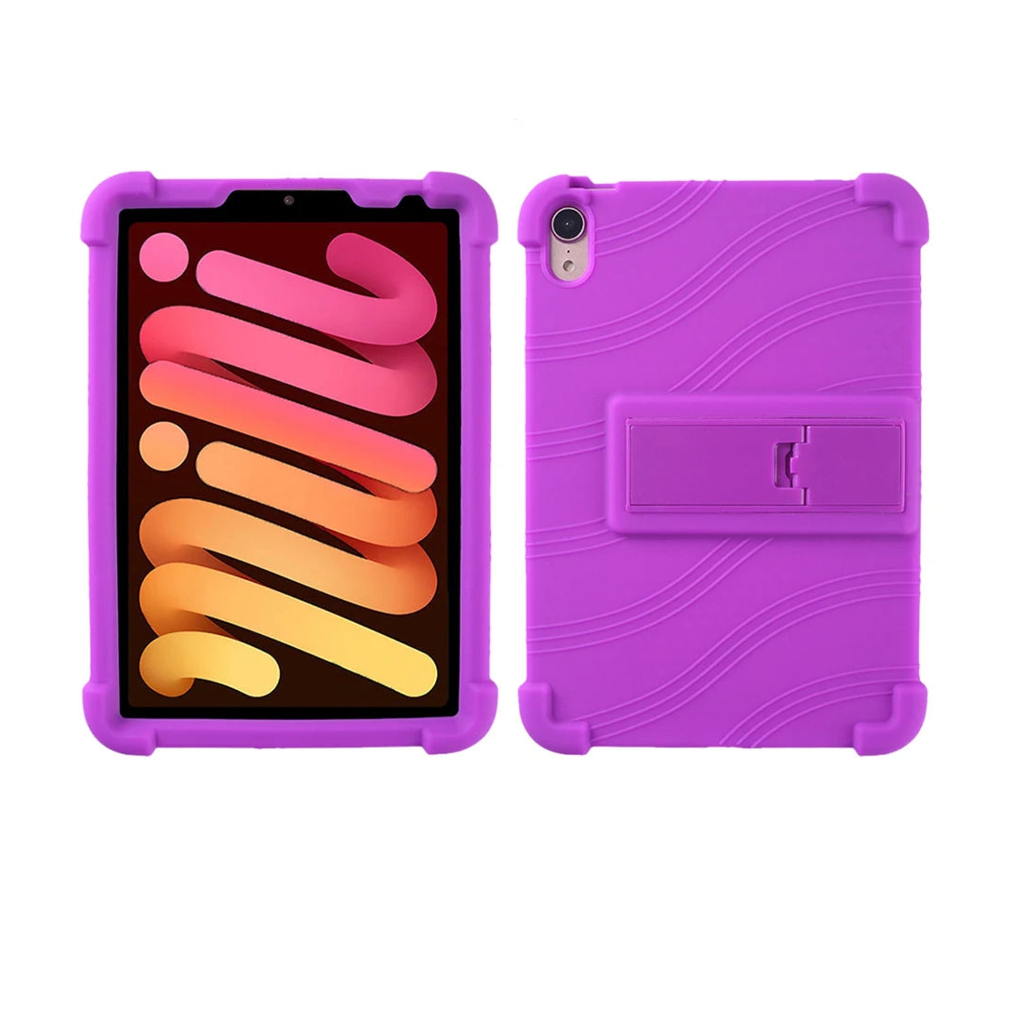 PopPad SoftShield kids iPad case in Purple, front and back views with fold-out kickstand