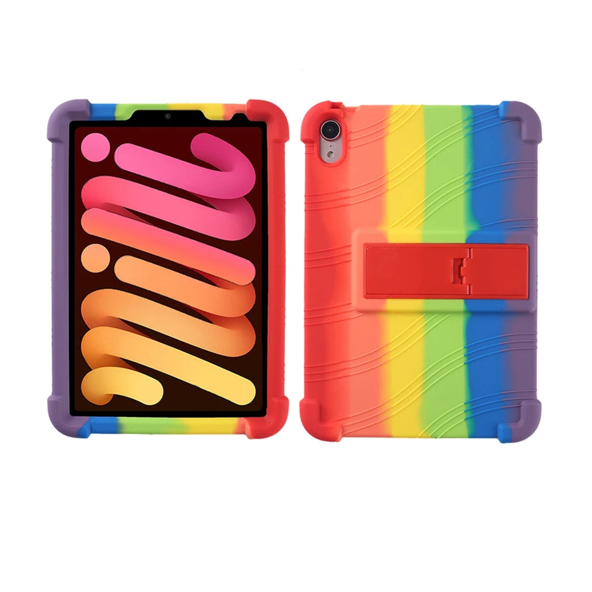PopPad SoftShield kids iPad case in Rainbow, front and back views with fold-out kickstand
