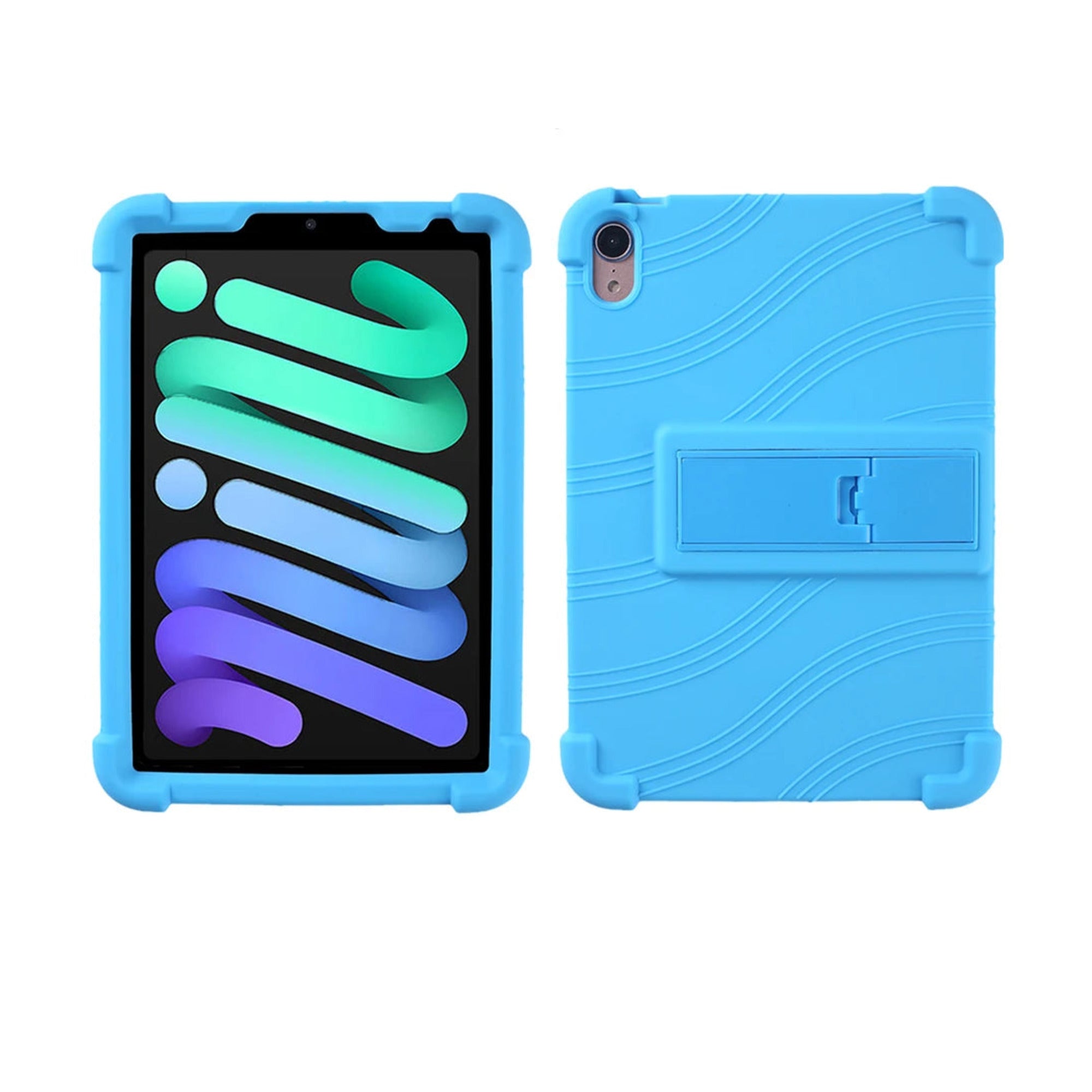 PopPad SoftShield kids iPad case in Sky Blue, front and back views with fold-out kickstand