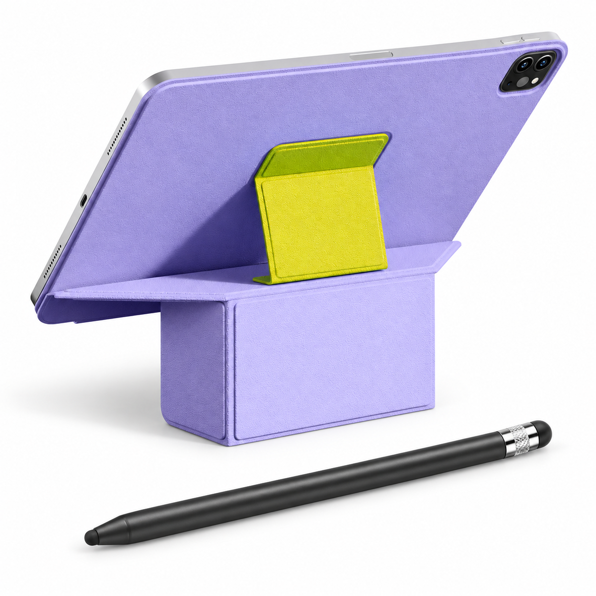 FormaLift Prism Create — iPad Case + Stylus Bundle, Violet and Yellow; all included bundle items on white. Representative iPad fit; tablet not included.