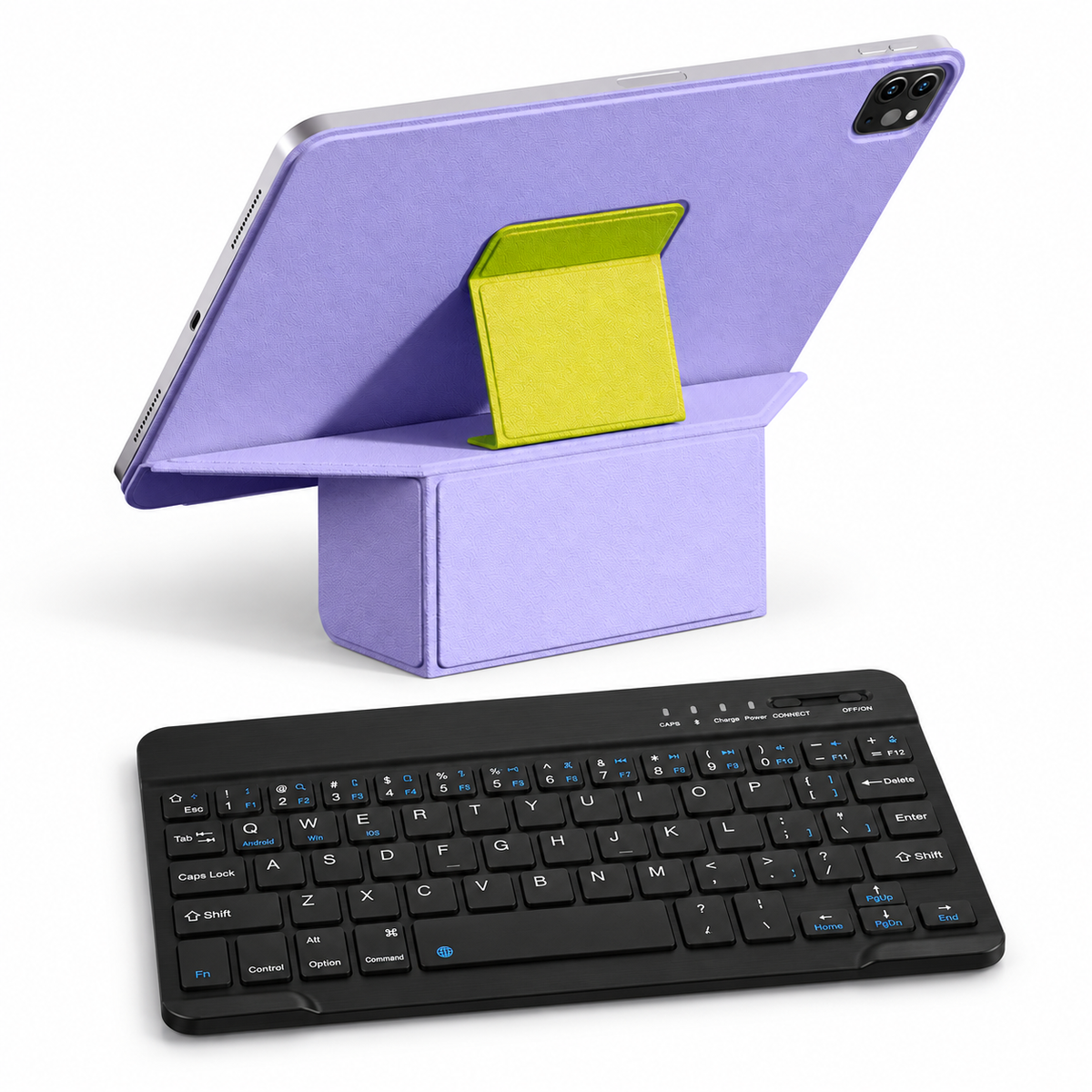 FormaLift Prism Work — iPad Case + Keyboard Bundle, Violet and Yellow; all included bundle items on white. Representative iPad fit; tablet not included.