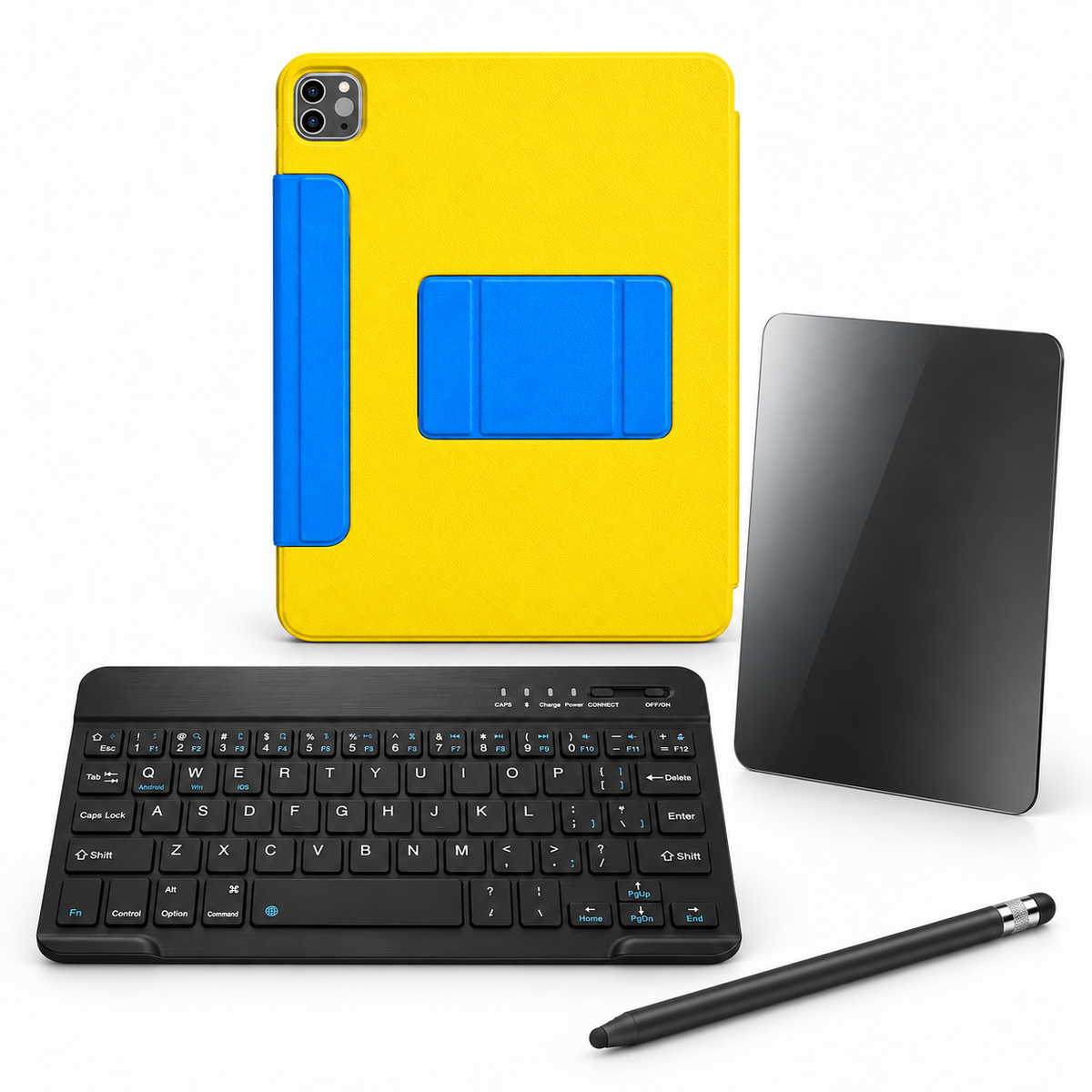 FormaLift Prism Complete — iPad Case + Keyboard, Stylus, Privacy Glass Bundle, Yellow and Blue; all included bundle items on white. Representative iPad fit; tablet not included.