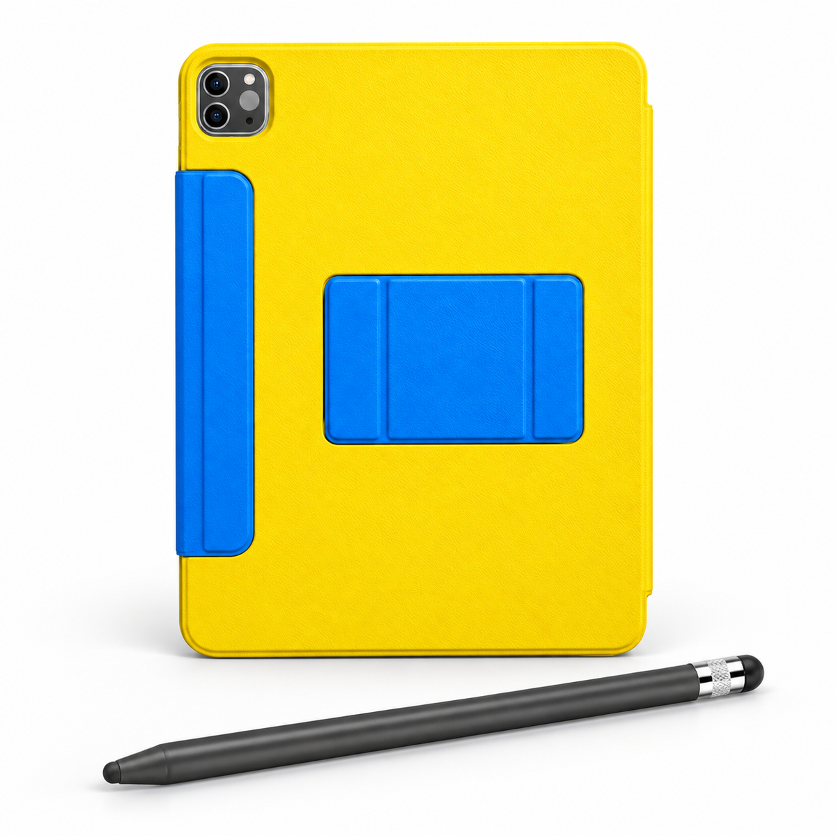 FormaLift Prism Create — iPad Case + Stylus Bundle, Yellow and Blue; all included bundle items on white. Representative iPad fit; tablet not included.