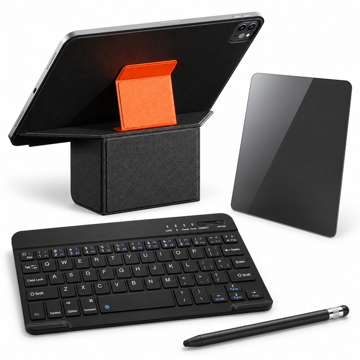FormaLift Prism Complete — iPad Case + Keyboard, Stylus, Privacy Glass Bundle, Black and Orange; all included bundle items on white. Representative iPad fit; tablet not included.