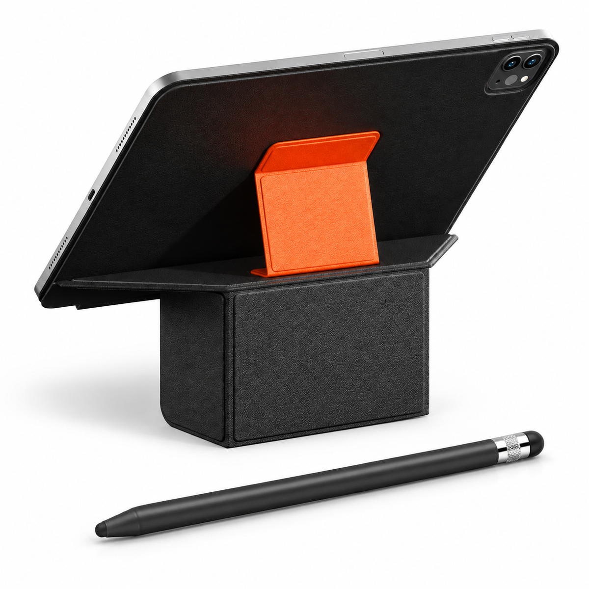 FormaLift Prism Create — iPad Case + Stylus Bundle, Black and Orange; all included bundle items on white. Representative iPad fit; tablet not included.
