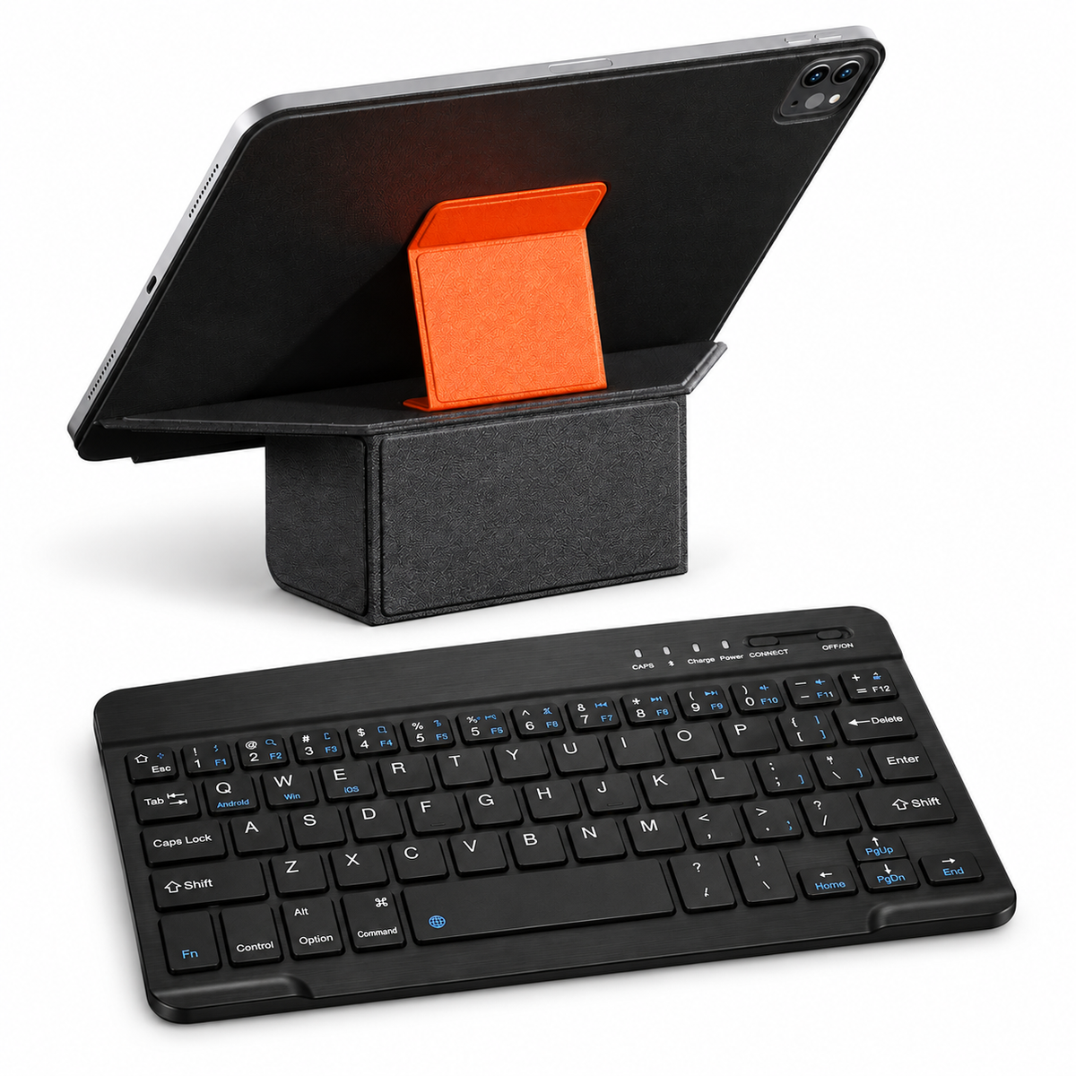 FormaLift Prism Work — iPad Case + Keyboard Bundle, Black and Orange; all included bundle items on white. Representative iPad fit; tablet not included.
