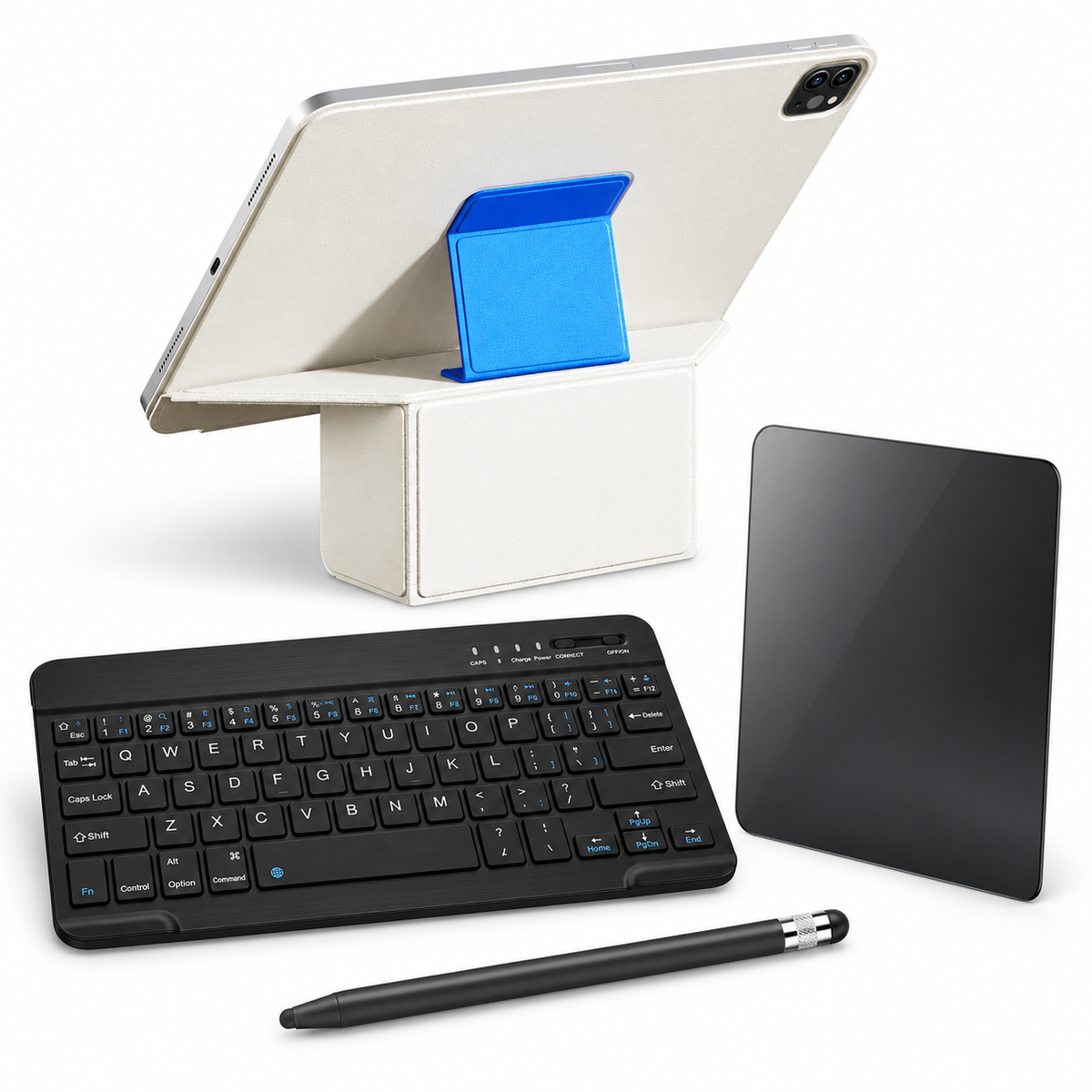 FormaLift Prism Complete — iPad Case + Keyboard, Stylus, Privacy Glass Bundle, White and Blue; all included bundle items on white. Representative iPad fit; tablet not included.