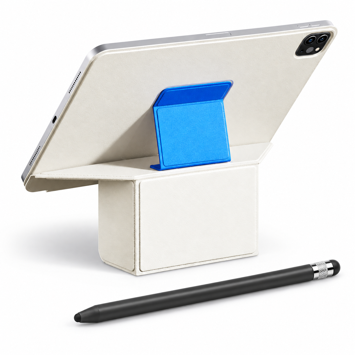FormaLift Prism Create — iPad Case + Stylus Bundle, White and Blue; all included bundle items on white. Representative iPad fit; tablet not included.