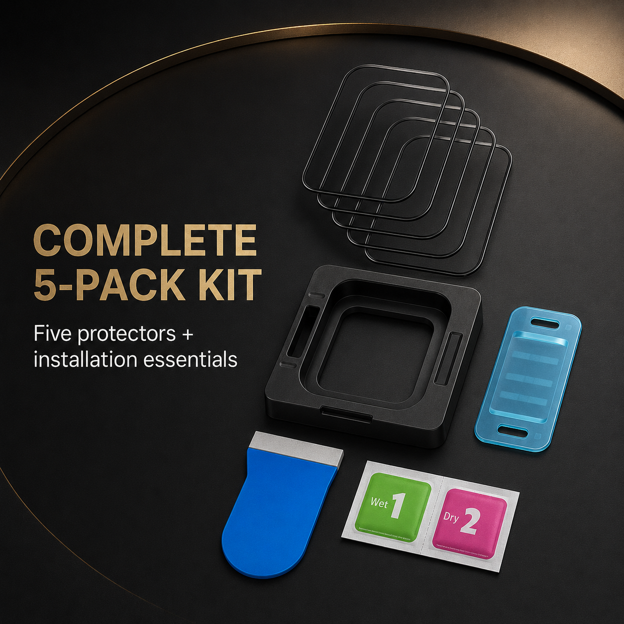 CeramiShield exact-product feature showing five screen protectors and the complete installation kit