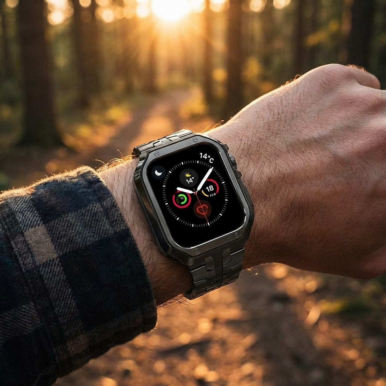 TitaniumGuard Ascend link band and protective case worn outdoors