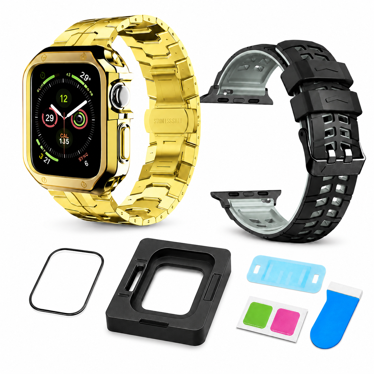 Gold Signature exact-fit accessory bundle for Apple Watch Series 10 and 11 42mm: Ascend link band and case, ActiveFlex band, and CeramiShield kit; watch not included