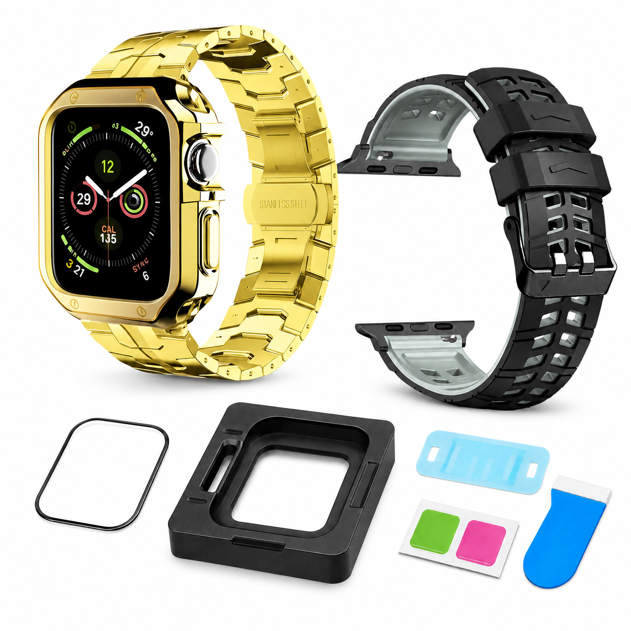 Gold Signature exact-fit accessory bundle for Apple Watch Ultra 1, 2 and 3 49mm: Ascend link band and case, ActiveFlex band, and CeramiShield kit; watch not included