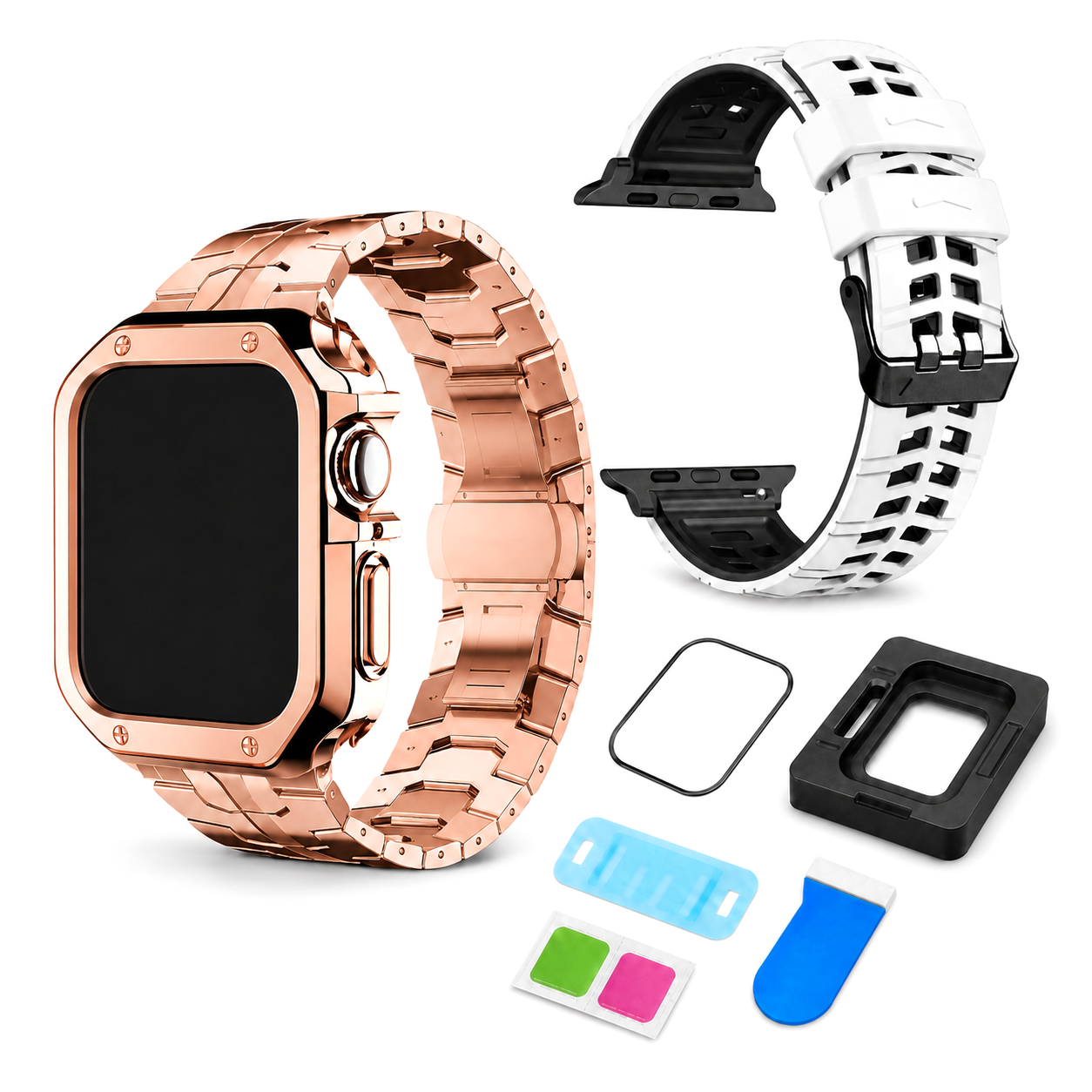 Rose Signature exact-fit accessory bundle for Apple Watch Series 10 and 11 42mm: Ascend link band and case, ActiveFlex band, and CeramiShield kit; watch not included