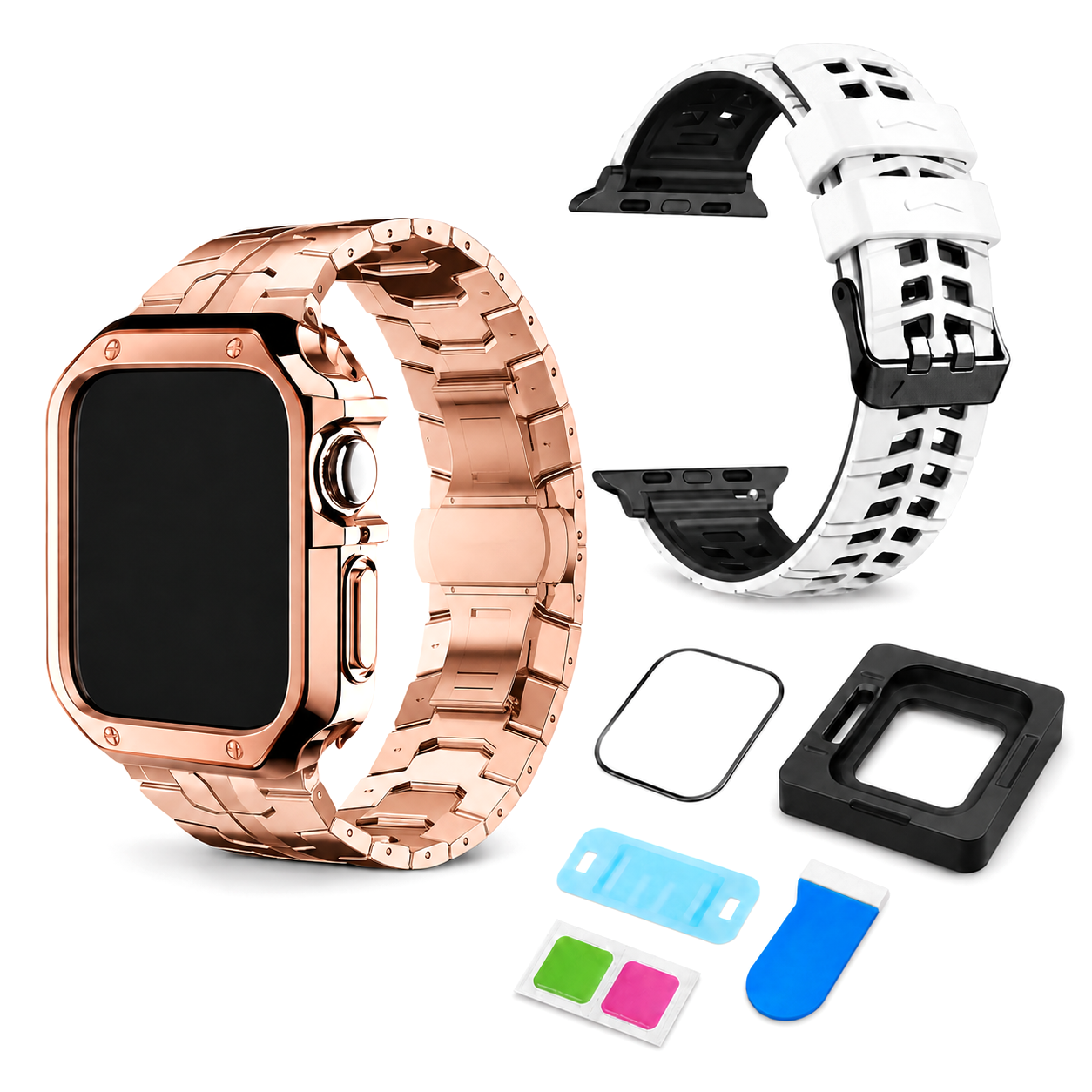Rose Signature exact-fit accessory bundle for Apple Watch Ultra 1, 2 and 3 49mm: Ascend link band and case, ActiveFlex band, and CeramiShield kit; watch not included