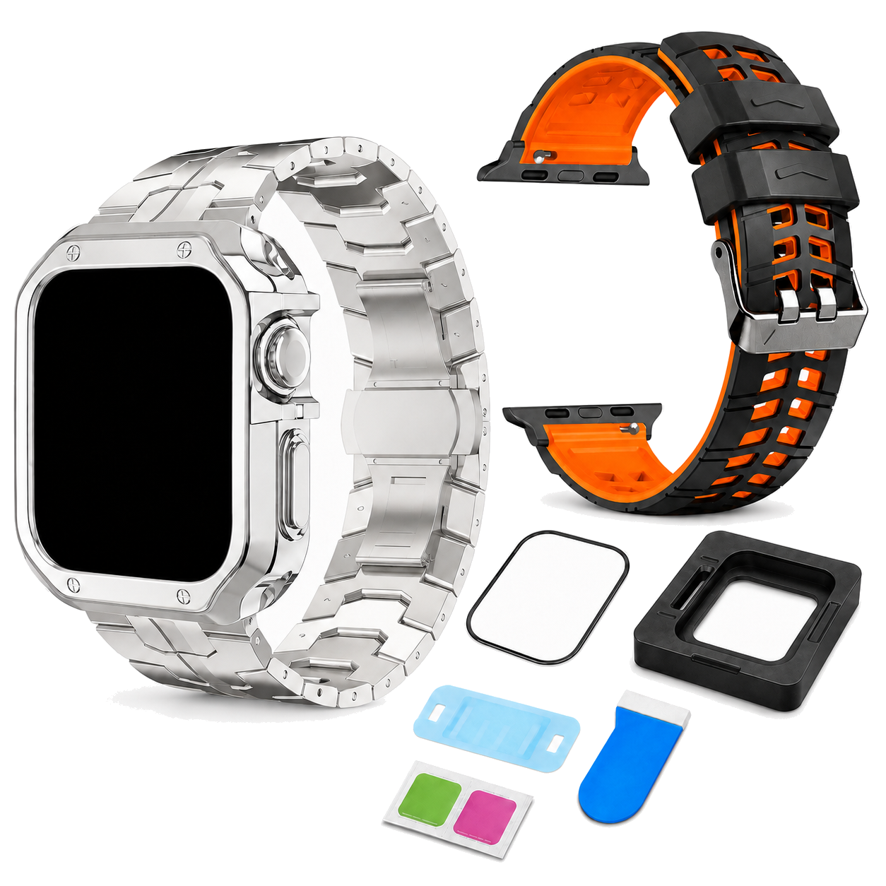Silver and orange exact-fit accessory bundle for Apple Watch Series 10 and 11 42mm: Ascend link band and case, ActiveFlex band, and CeramiShield kit; watch not included