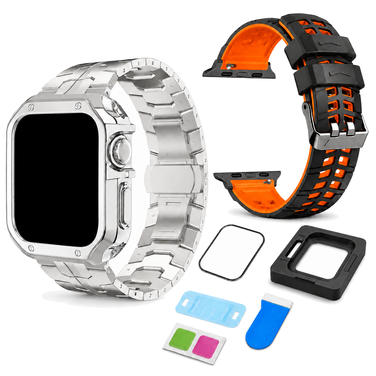 Silver and orange exact-fit accessory bundle for Apple Watch Series 10 and 11 46mm: Ascend link band and case, ActiveFlex band, and CeramiShield kit; watch not included