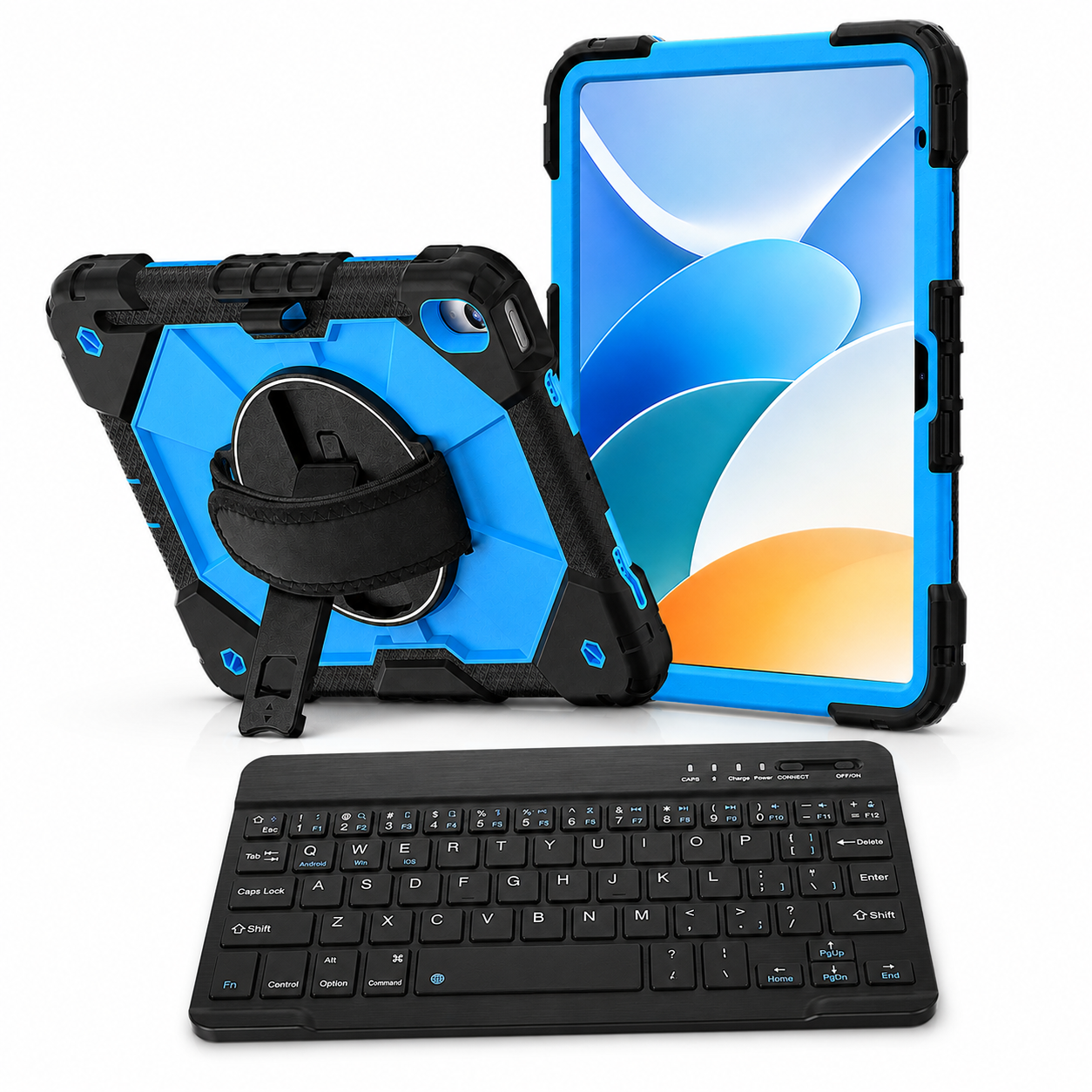 RhinoGuard Apex Command WorkForce Black and Electric Blue iPad case with black 10-inch RhinoKeys wireless keyboard