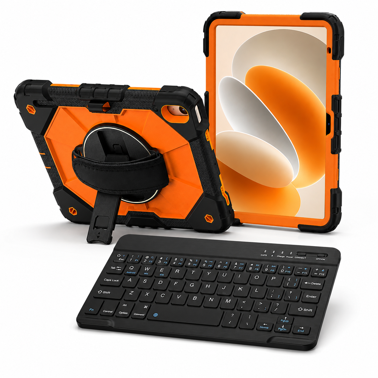 RhinoGuard Apex Command WorkForce Black and Safety Orange iPad case with black 10-inch RhinoKeys wireless keyboard