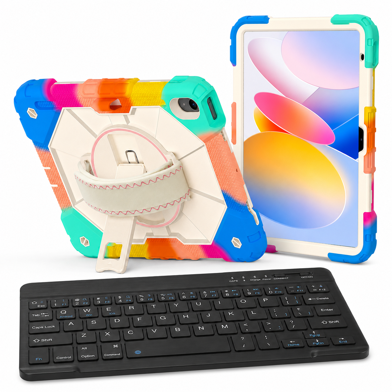 RhinoGuard Apex Command WorkForce Colorful Blue iPad case with black 10-inch RhinoKeys wireless keyboard