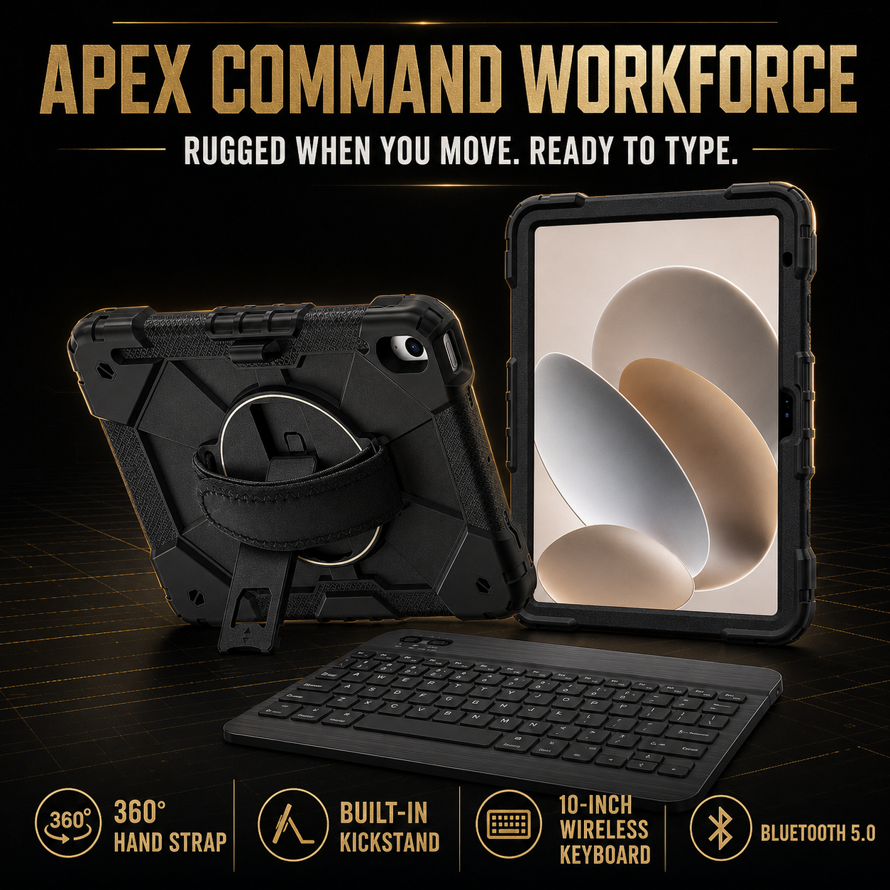 Apex Command WorkForce bundle features including 360-degree hand strap, kickstand and 10-inch Bluetooth keyboard
