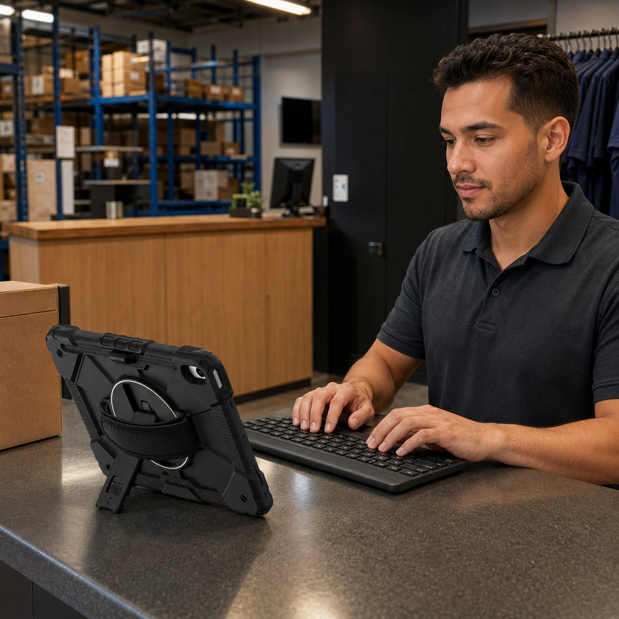 Warehouse professional using the Apex Command iPad case and RhinoKeys keyboard
